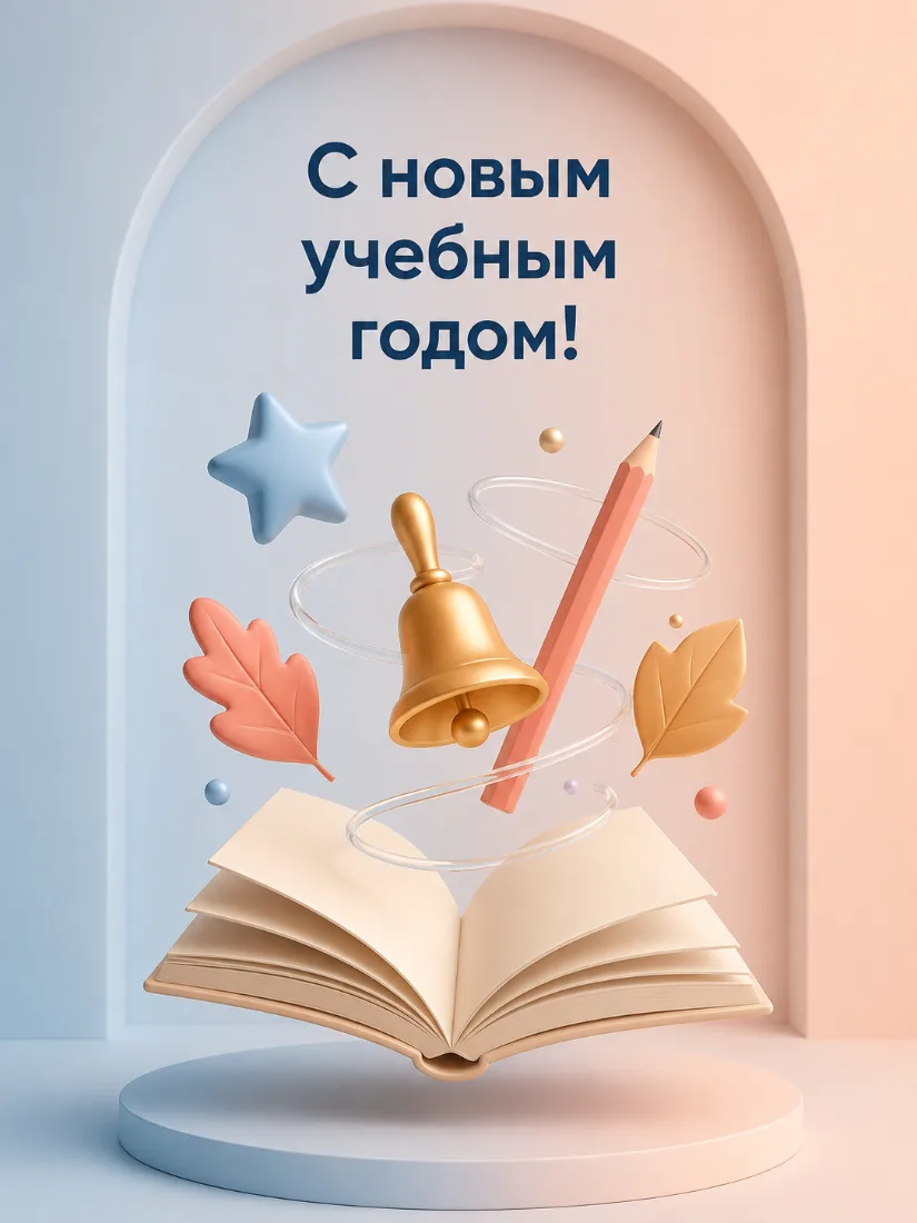 3D-открытка «С новым учебным годом!» с книгой, колокольчиком и карандашом