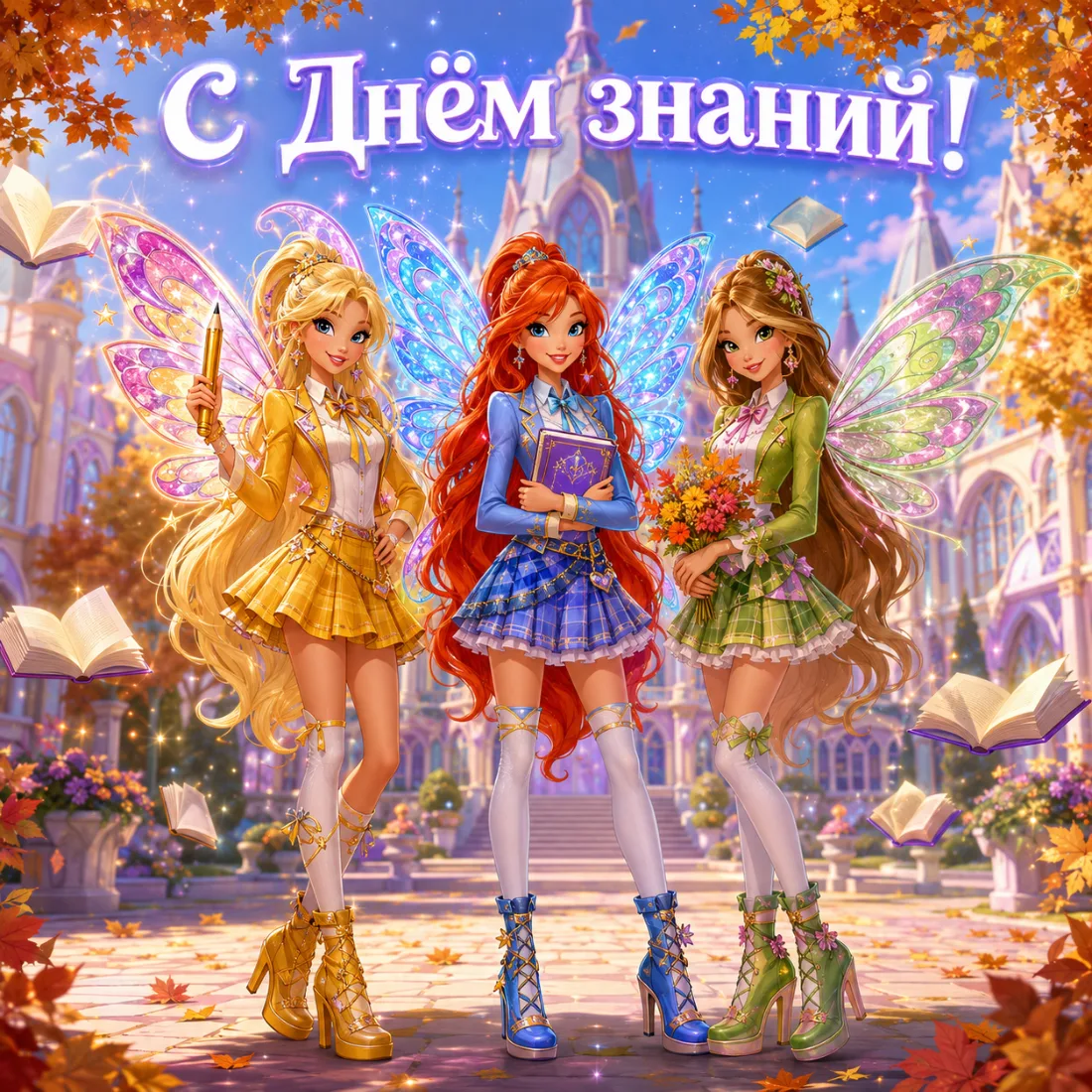 Открытка «С Днём знаний!» с тремя феями в школьных нарядах