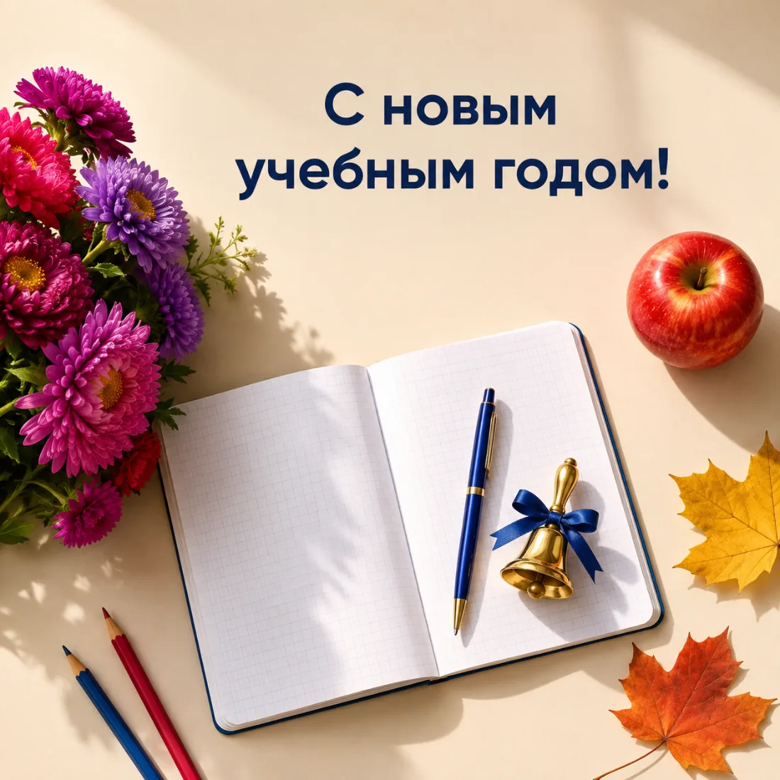 Открытка «С новым учебным годом!» с тетрадью, колокольчиком, яблоком и букетом