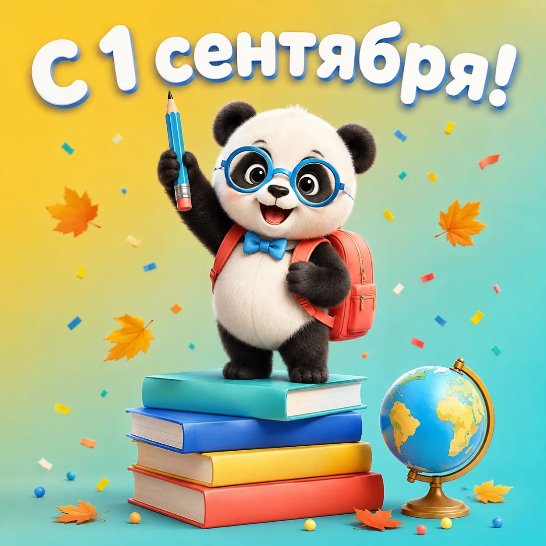 Мультяшная открытка «С 1 сентября!» с пандой-школьником, книгами и глобусом