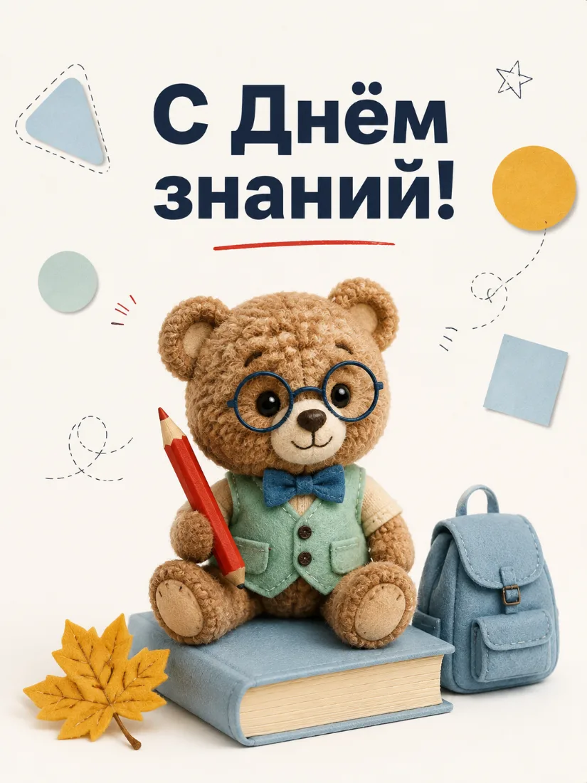 Открытка «С Днём знаний!» с вязаным мишкой в очках, книгой и рюкзачком